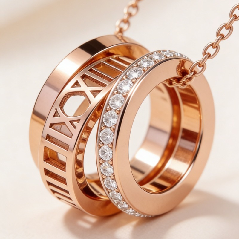 Hollow-Out Roman Numeral Three-Circle Necklace — Minimalist Style